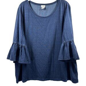 Chicos Womens Top Blouse Size 2X XXL Solid Denim Blue Ruffle 3/4 Sleeve Pullover